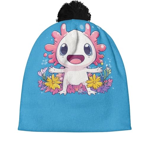 Girls Boys Winter Warm Knit Beanie Pompom Elasticity Slouchy Hat Skull Caps for Childrens - color: Blue Axolotl