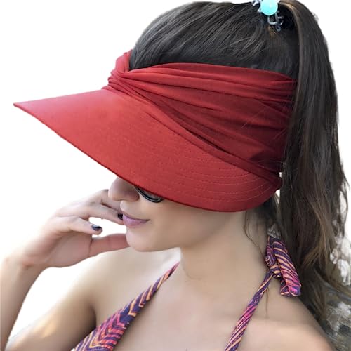 Sun Hat Women Beach Visor Cap UV Protection with Wide Brim Packable Summer Sport Ponytail Sun Cap - color: Burgundy