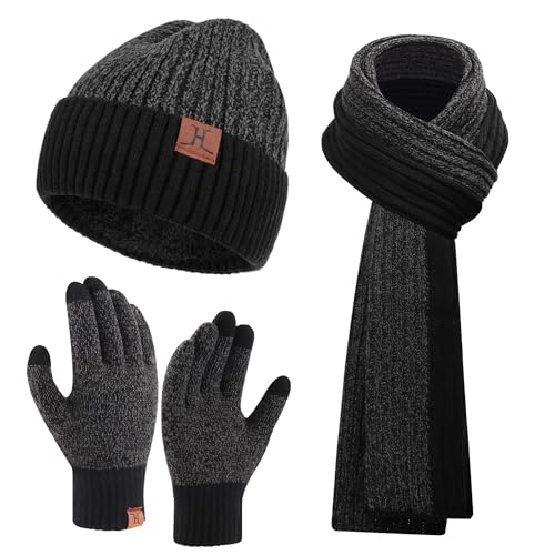 FZ FANTASTIC ZONE Mens Winter Beanie Hat and Scarf Touchscreen Gloves Sets - color: Black & Grey
