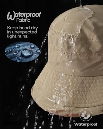 Bucket Sun Hat for Women, UPF 50+ Wide Brim, Packable, Waterproof Rain Hat for Hiking Outdoor Travel - color: Khaki