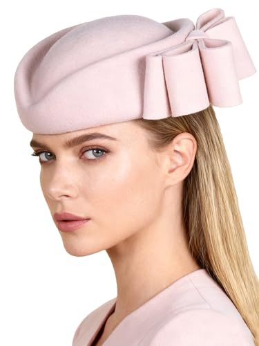 HIMESPORT Wool Felt Bowler Fascinators Hats for Women Ladies Female Elegant Wedding Tea Party Beret Hat with Bowknot - color: Pink 1