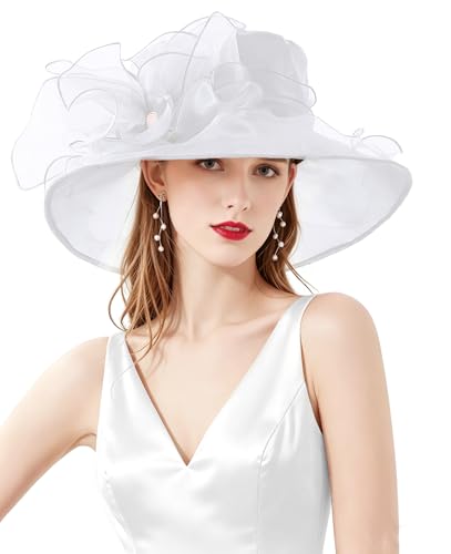 Women Derby Fascinator Hat Organza Church Wedding Hats Wide Brim Cocktail Tea Party Hat - color: 14 White