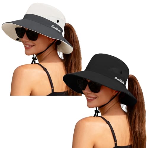 ZOORON Women's Ponytail Safari Sun Hat,Wide Brim UV Protection Bucket Hat - color: 2-black+beige
