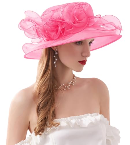 ORIDOOR Women’s Organza Church Tea Party Wedding Fascinator Derby Hat Wide Brim Sun Hats - color: D11-rose Red