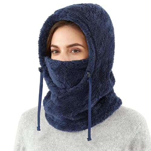 Connectyle Balaclava Hood Winter Hat for Men & Women Windproof One-Piece Fleece Hooded Scarf Ski Mask Cold Weather Hat - color: Navy Blue