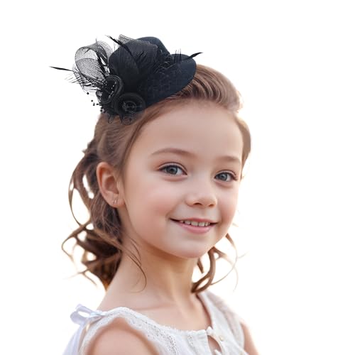 Zinniday Girls Mini Fascinator Hat - Black Top Hats with Veil for Little Girl Tea Party, Fascinators for Birthday High Tea Headwear Decoration - color: Black