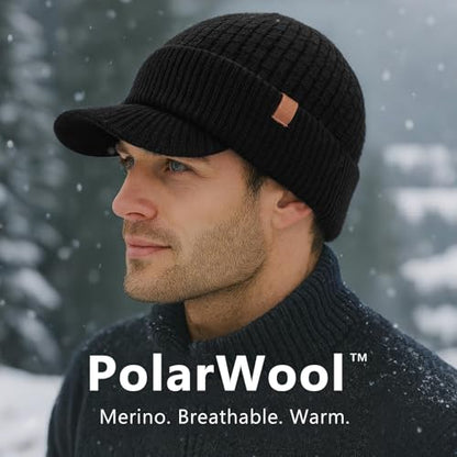 TOP-EX 100% Australian Merino Wool Brim Beanie, Polartec™ Fleece Lined - color: Black, size: X-Large-XX-Large