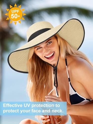 Floppy Sun Hats for Women, Summer Wide Brim Straw Beach Hat - color: Beige Black, size: Large