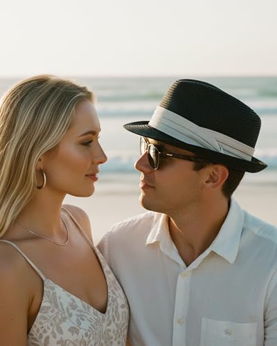 Straw Sun Hat for Men Women Short Brim Beach Trilby Hat UPF 50+ - color: Black