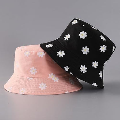 Reversible Bucket Hats for Women Men Flower Cotton Summer Travel Beach Sun Hats Packable Bucket Hats - color: Pink a