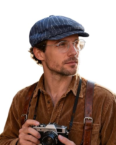 Clakllie Octagonal Newsboy Hat with Chic Stripe Design Herringbone Ivy Cabbie Hat Denim Cotton Gatsby Driving Cap for Daily - color: Blue-bl63