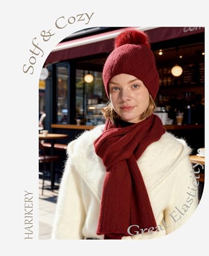 Knit Hat Scarf Set with Detachable Pom Pom, Wool Blend Winter Beanie & Long Scarf, Cold Weather Accessories for Women - color: Red