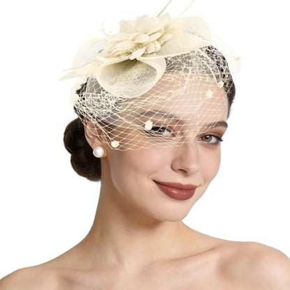 Semato Fascinators Hats for Women Mesh Feathers Elegant Champagne Tea Party Kentucky Hat Derby Headband with Hair Clip - color: Off-white