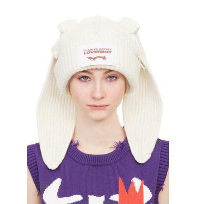 Knitted Beanie Hat Cute Rabbit Long Ears Fun Caps Fluffy Winter Warm Knitted Rabbit Hats Outdoor Slotty Cap - color: Whitew
