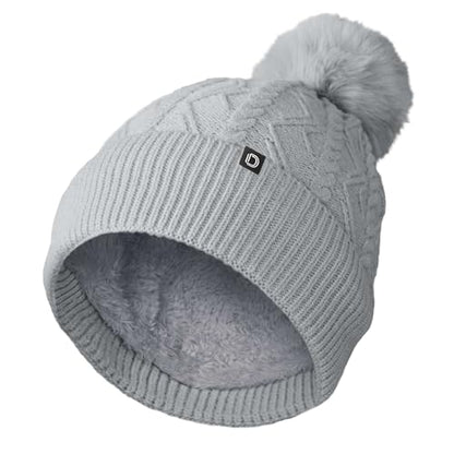 DALIX Cable Knit Pom Beanie Soft Stretch Skully Warm Fuzzy Faux Sherpa Winter Ski Beanie - color: Gray