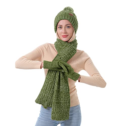 MAYLISACC Womens Hat Scarf Gloves Set, Stylish Winter Knitted Warm Beanie Caps+Long Scarves+Touch Screen Gloves for Laydies - color: Green