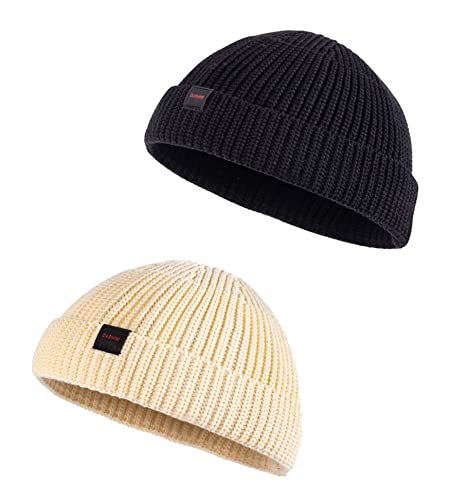 2 Pack Fisherman Beanie Hats for Men Women,Knit Trawler Skull Cap,Watch Cap,Spring Fall Winter Warm Short Hats - color: (Cotton) 2pcs:black+cream(m)