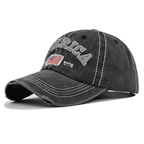 YuMENo Distressed American Flag Baseball Cap for Men Women Embroidered Adjustable Vintage Washed Cotton Dad Hat - color: Black