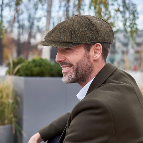 Mens Newsboy Cap High Woolen Tweed Gatsby Hat Ivy Cabbie Flat Golf Cap for Fathers Women Unisex - color: Herringbone Plaid Brown, size: 7-7 1/8