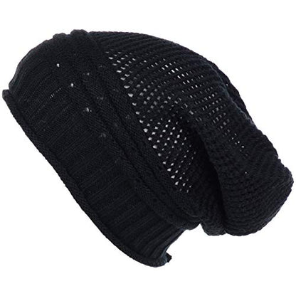 BYOS Women's Airy Cool Lightweight Cutout Long Slouchy Crochet Knit Beanie Hat - color: Net-black