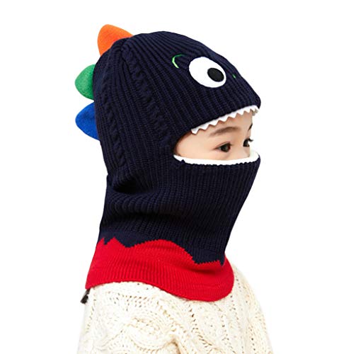 Kids Boys Girls Dinosaur Winter Knit Hat Baby Toddler Thick Scarf Earflap Hood Scarves Skull Caps - color: Navy(2-7years Old)