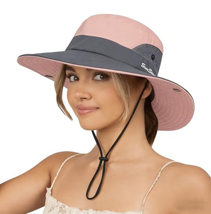 Sun Hat for Women Summer UV Protection Beach Hat with Ponytail Hole - color: Pink(with Ponytail Hole)