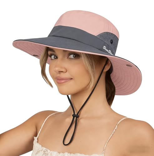 Sun Hat for Women Summer UV Protection Beach Hat with Ponytail Hole - color: Pink(with Ponytail Hole)