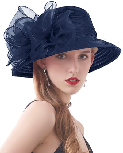 Women's Kentucky Derby Church Dress Hat Wide Brim Leaf Flower Bridal Shower Hat - color: 01 Darkblue