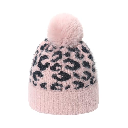 Unisex Adult Fuzzy Leopard Print Hat Cuffed Knitted Winter Warm Beanie with Faux Fur Pompom - color: Pink