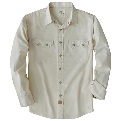Dubinik® Pearl Snap Shirts for Men Long Sleeve Lightweight Casual Western Plaid Cowboy Cotton Vintage Work Shirt - color: Beige, size: 4X-Large