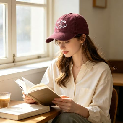 Embroidered Book Lover Baseball Cap for Men Women, Funny Washed Cotton Classic Dad Hat, Reading Lover Gift Idea - color: Hot Girls Read Books, Wine Red