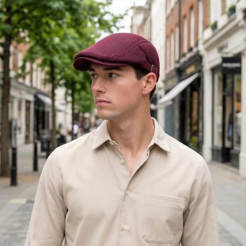 Initlove Mens Mesh Newsboy Cap Breathable Beret Ivy Hat Cabbie Driving Hats for Women - color: Wine Red