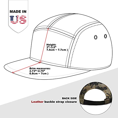 The Hat Depot Made in USA Cotton Twill 5 Panel Flat Brim Genuine Leather Brass Biker Board Cap - color: Camo4