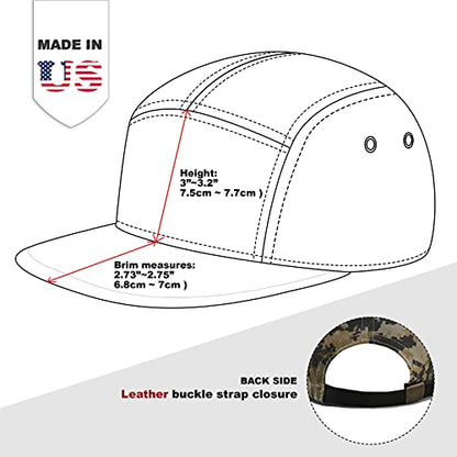 The Hat Depot Made in USA Cotton Twill 5 Panel Flat Brim Genuine Leather Brass Biker Board Cap - color: Camo4