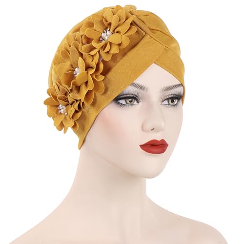 Flower Pre-Tied Turban Beanie, Soft Chemo Cap for Women Cancer Hair Loss - color: Yellow