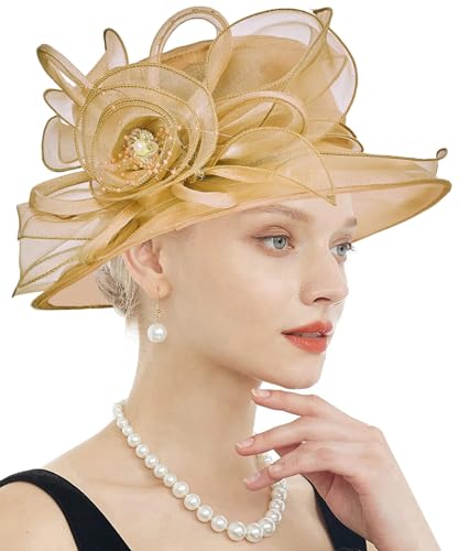 Women's Kentucky Derby Church Dress Hat Wide Brim Leaf Flower Bridal Shower Hat - color: F1-gold