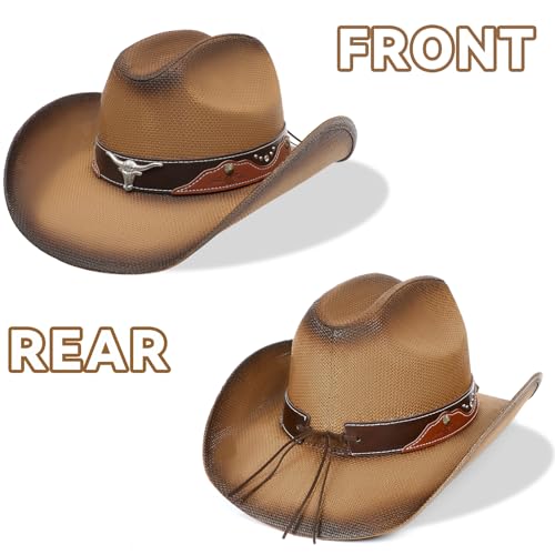 WQWOVRVO Cowboy Hat,Cowgirl hat,Brown Cowboy Hats for Women/Mens Straw Wide with Shapeable Brim Western Cowboy Hat for Womens - color: Light Brown