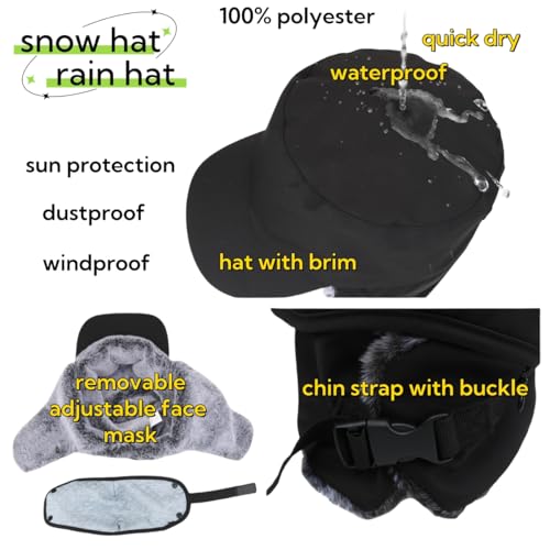 Trapper Hat Warm Faux Fur Winter Cap with Ear Flaps Windproof Waterproof Snow Ski Hats for Men Women Cold Weather - color: Black