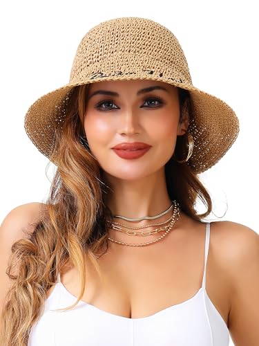 sy soul young Women's Straw Sunhat Wide Brim Hand Woven Beach Bucket Hat - color: Letter Khaki