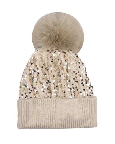 Women Sparkly Sequins Knitted Beanie Hat Warm Winter Skull Cap with Faux Fur Pom Pom - color: X Beige With Knit Cuffs