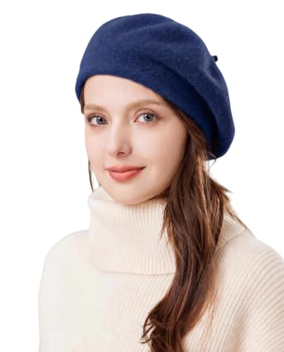 French Beret Hats for Women - Wool Solid Color Beanie Cap - color: Navy Blue