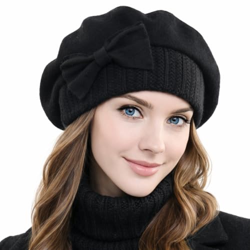 Women Knit 100% Wool Beret Artist Winter French Beret Hats - color: Black