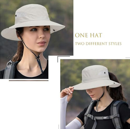 Womens Summer Sun Hat Beach Hat Wide Brim Outdoor UV Protection Bucket Hat - color: Solid Beige