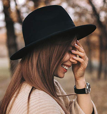 Lanzom Classic Fedora Hats for Women Lady Wide Brim Felt Panama Hat with Belt Buckle - color: Coffee