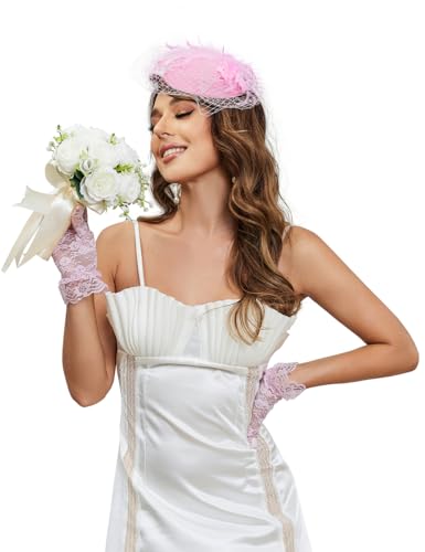 20s 50s Pillbox Derby Fascinator Hat Veil Feather Fascinators Hair Clip Wedding Tea Party Hat and Short Lace Gloves for Women - color: Pink