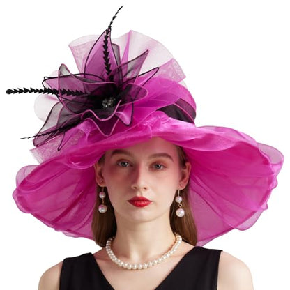 Women Organza Church Derby Hat Wide Brim Sun Caps for Wedding Tea Party Hat with Detachable hat Flower as Headgear - color: 10-rose Red