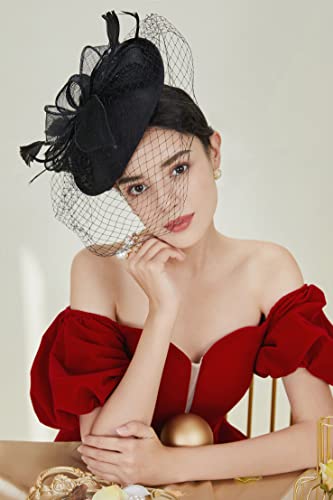 BABEYOND Fascinators Hats for Women Pillbox Kentucky Hat with Feather Veil - color: Black