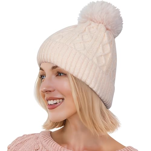 Pom Pom Beanie for Women & Girls, Warm Knit Winter Hat - color: Beige
