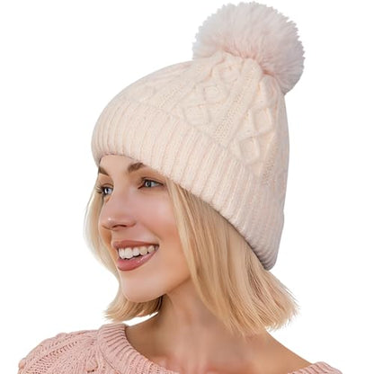 Pom Pom Beanie for Women & Girls, Warm Knit Winter Hat - color: Beige