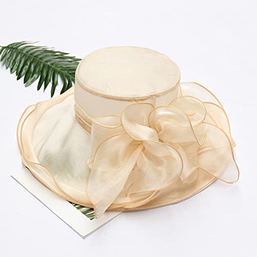 Women Derby Fascinator Hat Organza Church Wedding Hats Wide Brim Cocktail Tea Party Hat - color: 14 Beige